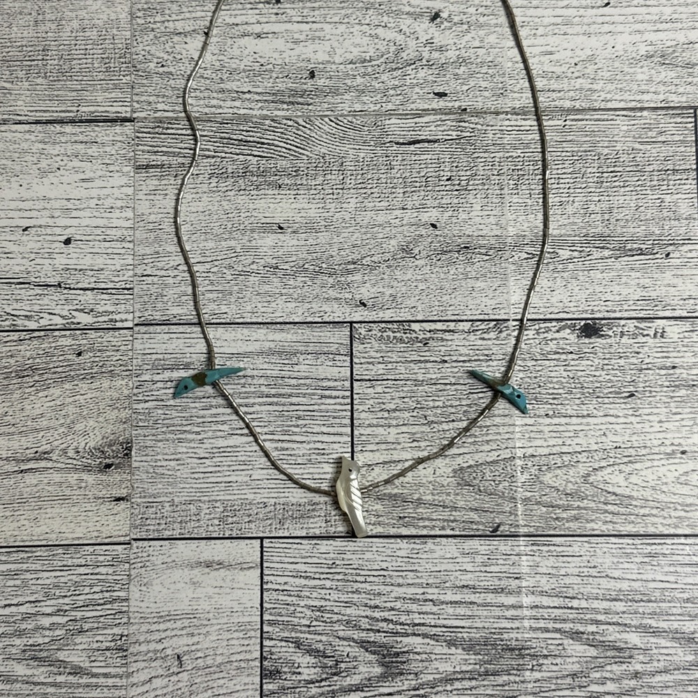 Native American Liquid Silver Turquoise MOP Bird Fetish Necklace Zuni 17"